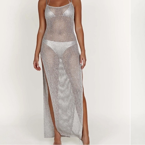 Meshki Zelda Sequin Crochet Maxi Dress Silver - Picture 3 of 4